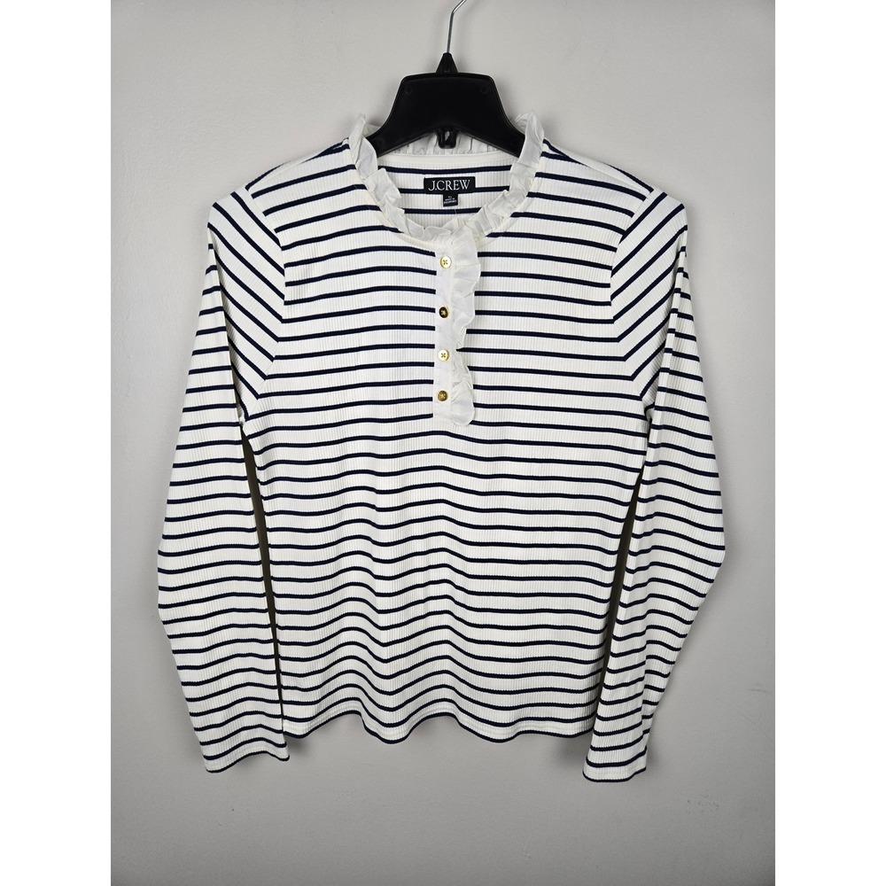 J. Crew Striped Ribbed Long Sleeve Shirt Ruffle Neck Gold Buttons Womens XL
